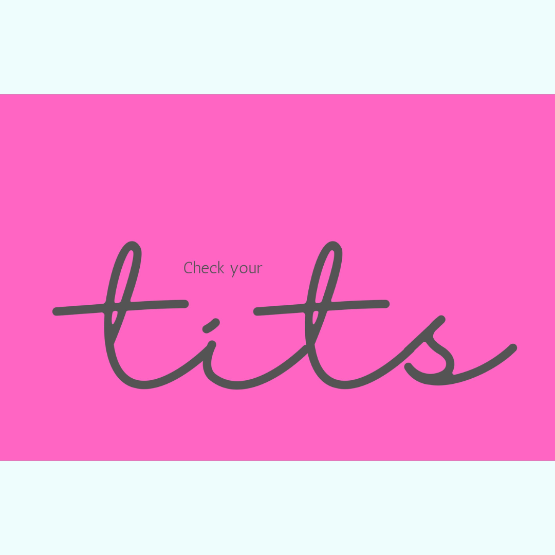 A computer graphic of a tea towel desing. A bright pink background with grey text reading Check your tits